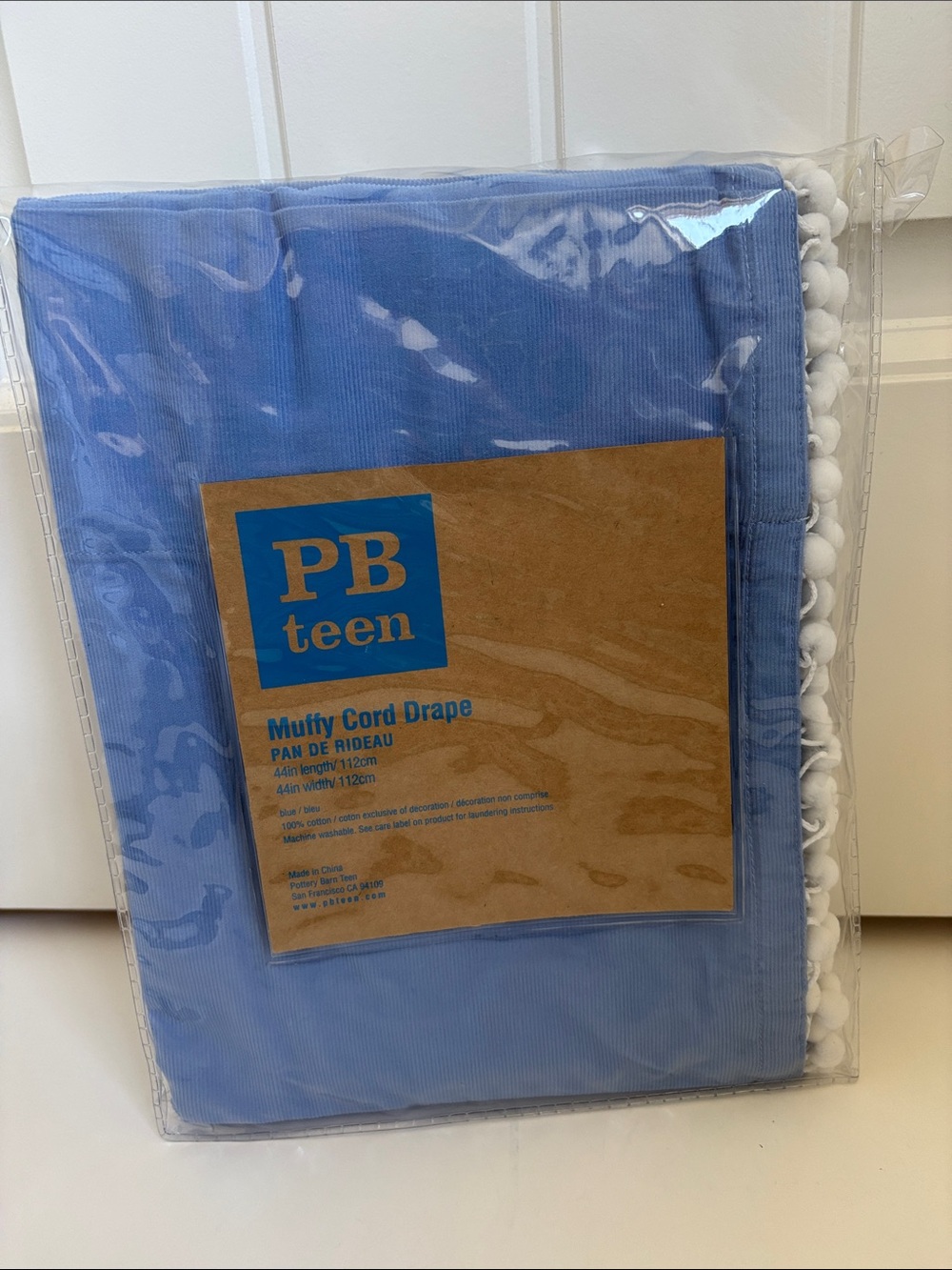 Pottery Barn‎ Teen Muffy Cord Drape 44”x44” Periwinkle Blue Pom Poms w/Tie Back